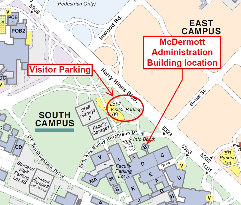 A Campus Map, showing the location of Lot 7 Visitor Parking, across Sen. Kay Bailey Hutchison Drive from the McDermott Administration Building